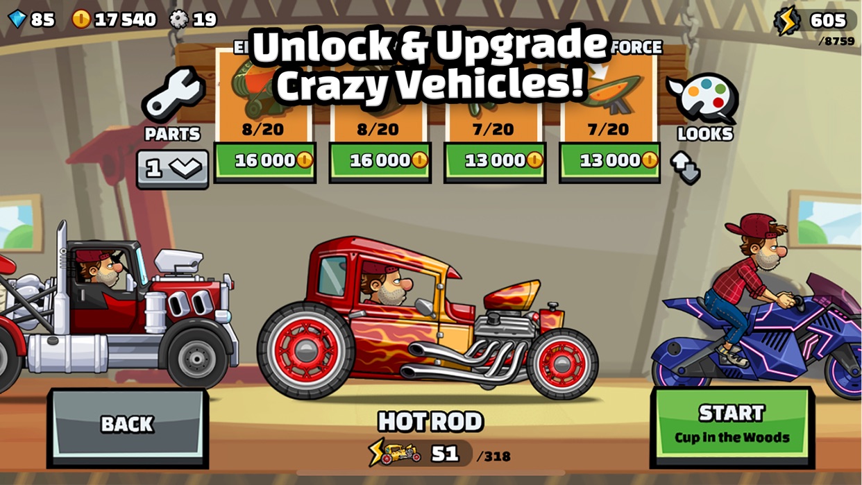 Hill Climb Racing 2 — выбор машины перед заездом